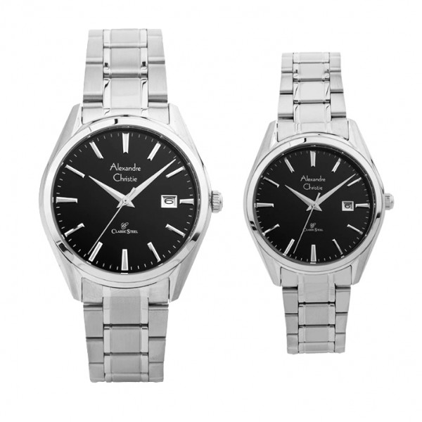 Alexandre Christie AC 8681 Silver Black Steel Couple